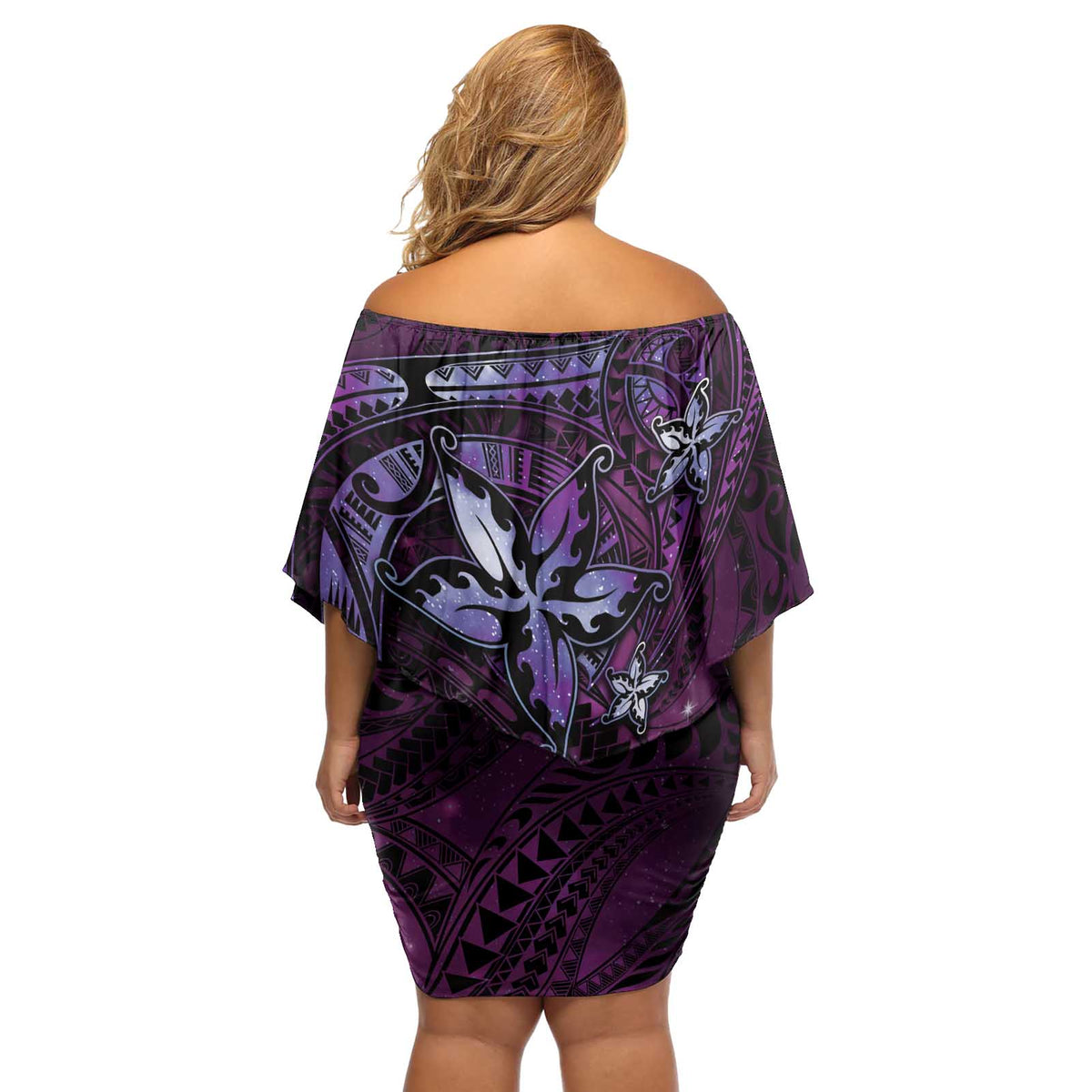 Hawaii Makahiki Season Off Shoulder Short Dress Floral Tribal Tattoo Purple Galaxy LT05 - Polynesian Pride