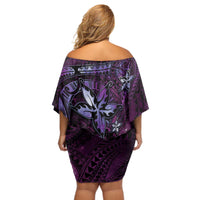 Hawaii Makahiki Season Off Shoulder Short Dress Floral Tribal Tattoo Purple Galaxy LT05 - Polynesian Pride