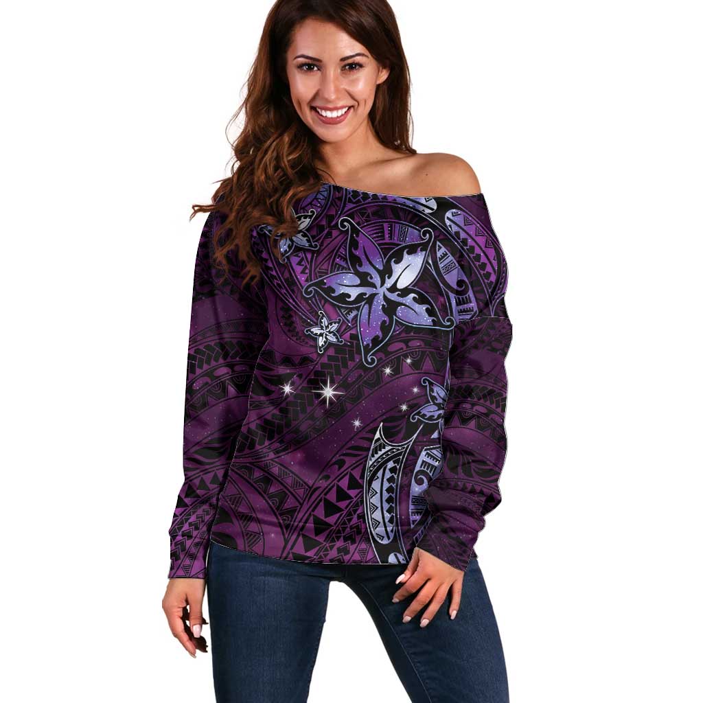 Hawaii Makahiki Season Off Shoulder Sweater Floral Tribal Tattoo Purple Galaxy LT05 Women Purple - Polynesian Pride