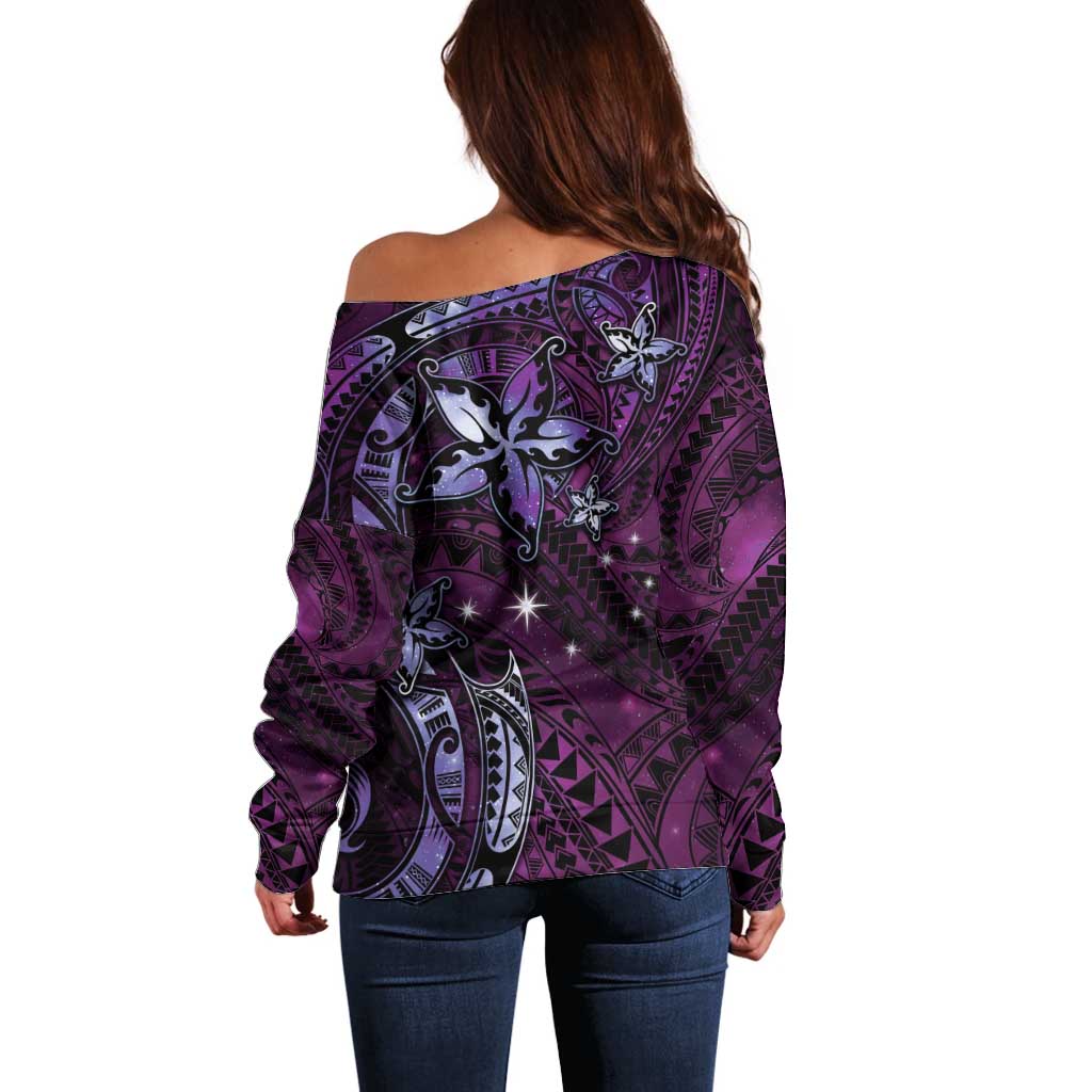 Hawaii Makahiki Season Off Shoulder Sweater Floral Tribal Tattoo Purple Galaxy LT05 - Polynesian Pride