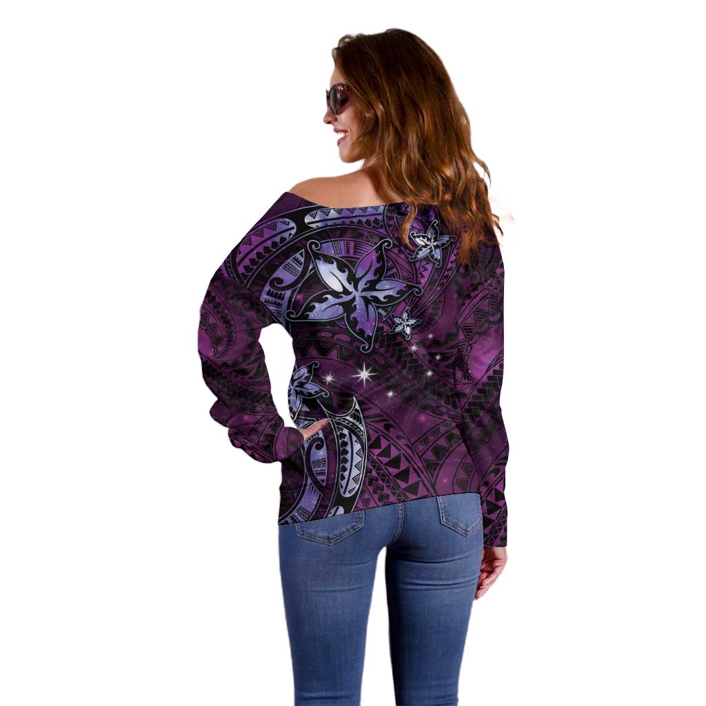 Hawaii Makahiki Season Off Shoulder Sweater Floral Tribal Tattoo Purple Galaxy LT05 - Polynesian Pride