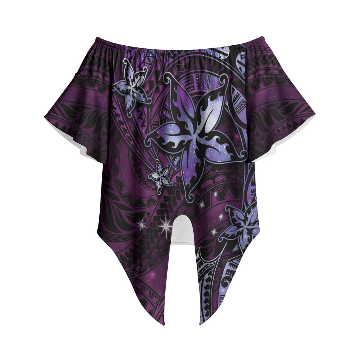 Hawaii Makahiki Season Off Shoulder Wrap Waist Top Floral Tribal Tattoo Purple Galaxy LT05 Purple - Polynesian Pride