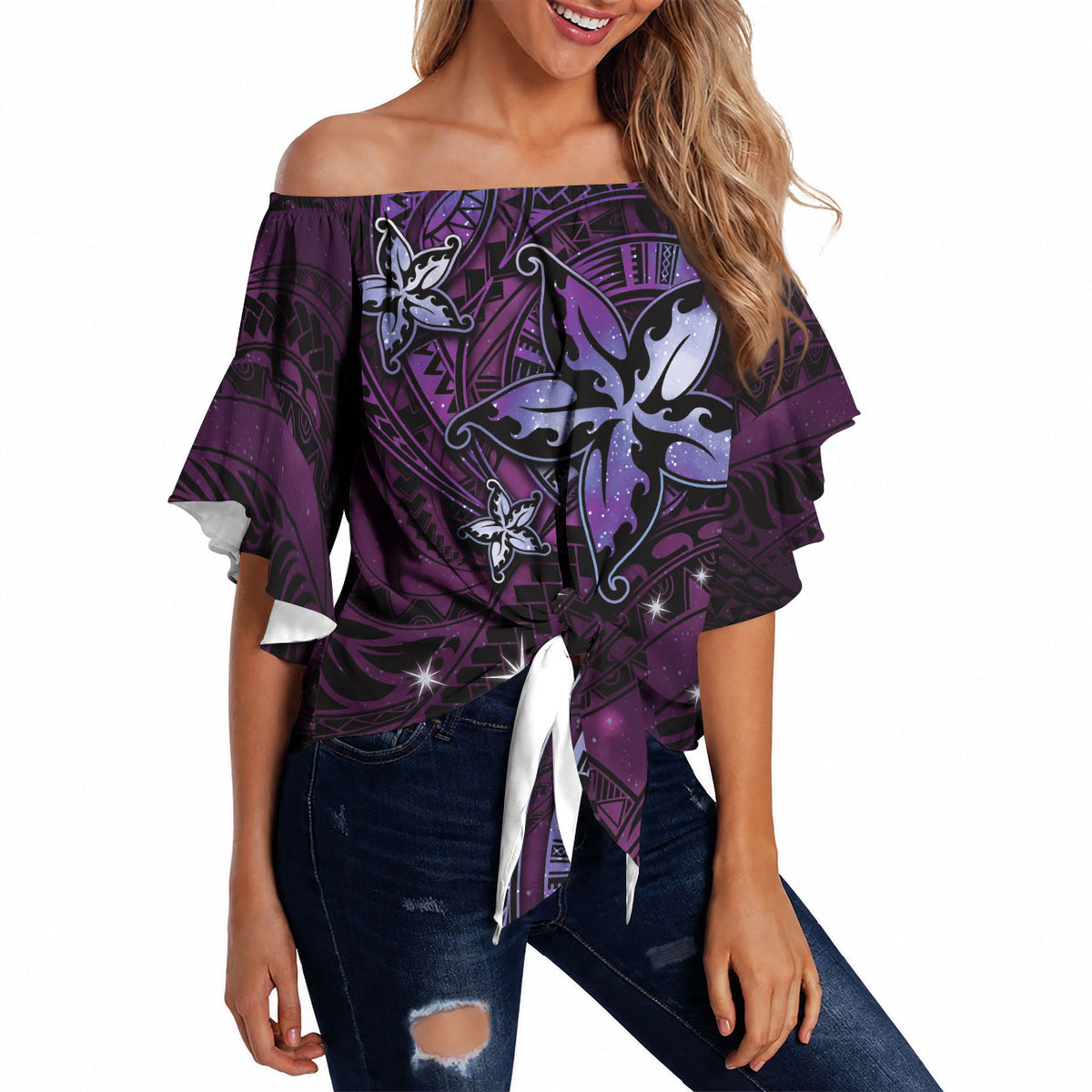 Hawaii Makahiki Season Off Shoulder Wrap Waist Top Floral Tribal Tattoo Purple Galaxy LT05 - Polynesian Pride