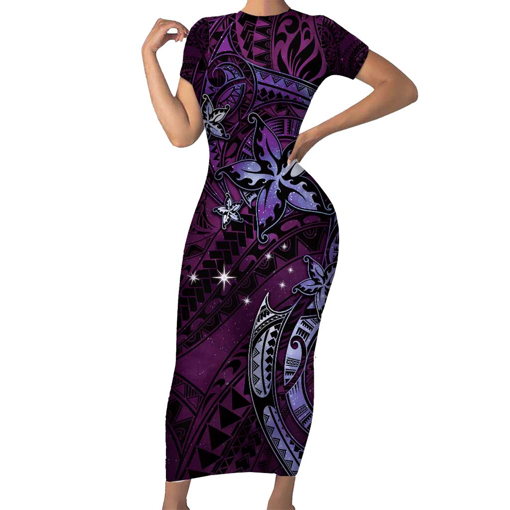 Hawaii Makahiki Season Short Sleeve Bodycon Dress Floral Tribal Tattoo Purple Galaxy LT05 Long Dress Purple - Polynesian Pride