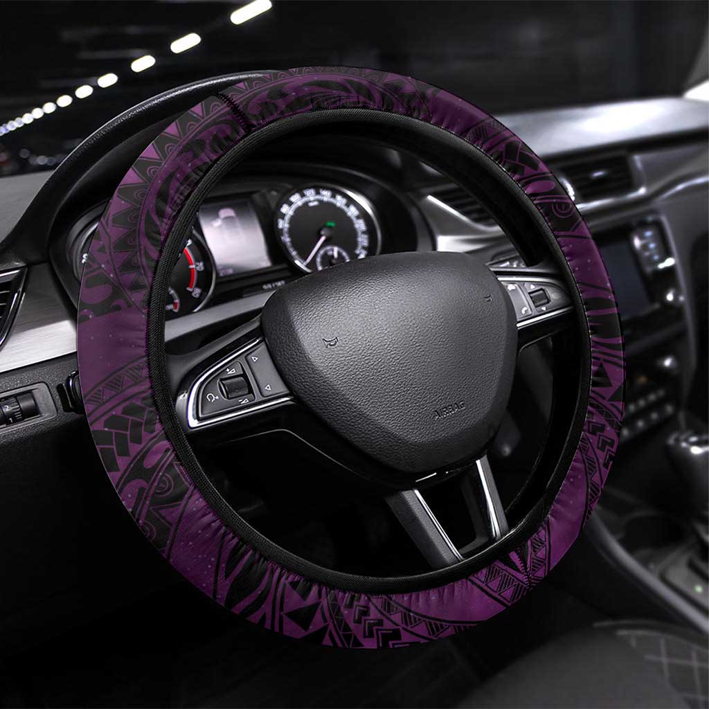 Hawaii Makahiki Season Steering Wheel Cover Floral Tribal Tattoo Purple Galaxy LT05 Universal Fit Purple - Polynesian Pride