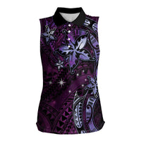 Hawaii Makahiki Season Women Sleeveless Polo Shirt Floral Tribal Tattoo Purple Galaxy LT05 Female Purple - Polynesian Pride