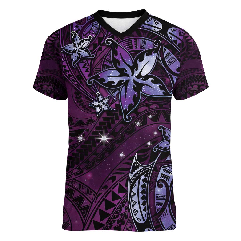 Hawaii Makahiki Season Women V-Neck T-Shirt Floral Tribal Tattoo Purple Galaxy LT05 Female Purple - Polynesian Pride