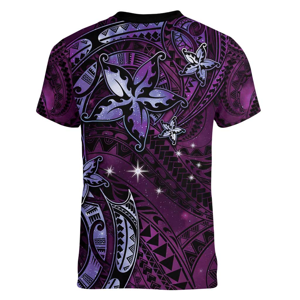 Hawaii Makahiki Season Women V-Neck T-Shirt Floral Tribal Tattoo Purple Galaxy LT05 - Polynesian Pride