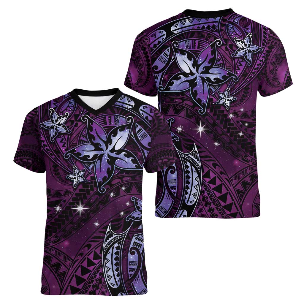Hawaii Makahiki Season Women V-Neck T-Shirt Floral Tribal Tattoo Purple Galaxy LT05 - Polynesian Pride