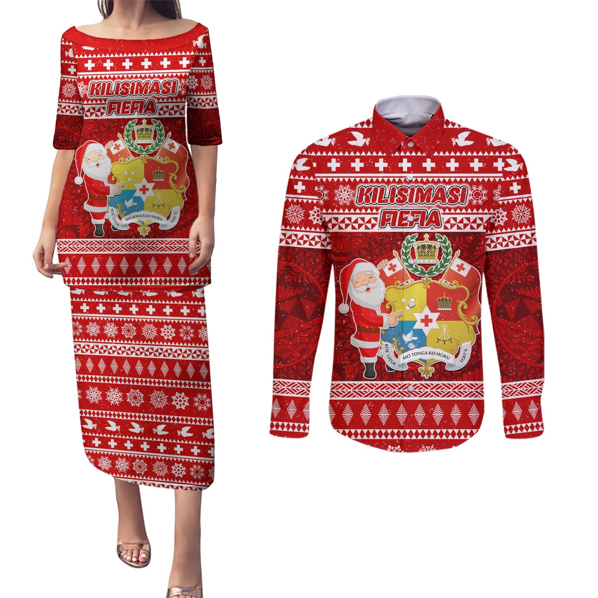 Personalized Tonga Christmas Couples Matching Puletasi Dress and Long Sleeve Button Shirts Kilisimasi Fiefia Santas Coat Of Arms LT05 Red - Polynesian Pride