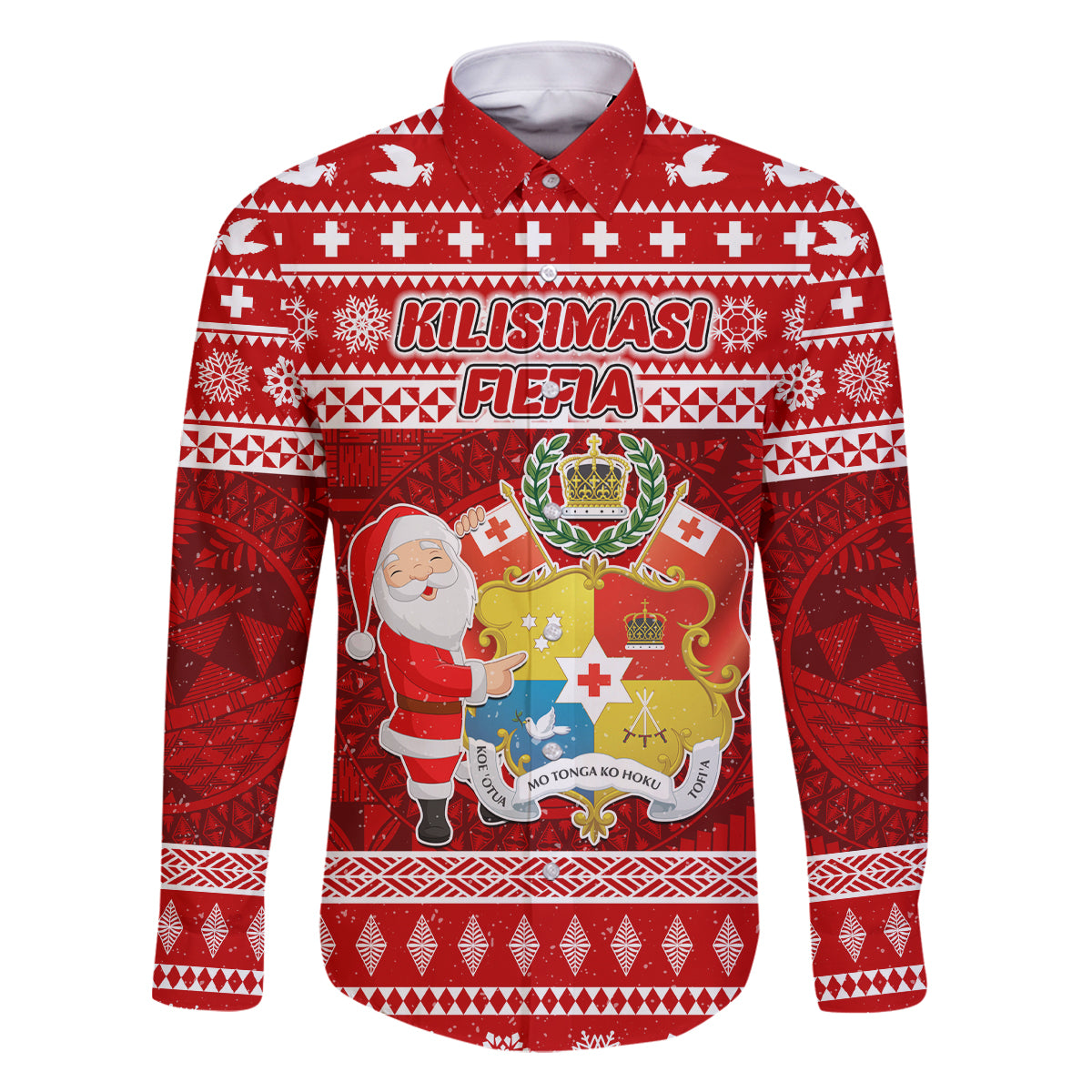 Personalized Tonga Christmas Family Matching Mermaid Dress and Hawaiian Shirt Kilisimasi Fiefia Santas Coat Of Arms LT05 Dad's Shirt - Long Sleeve Red - Polynesian Pride