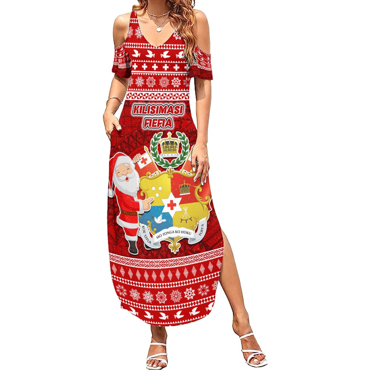 Personalized Tonga Christmas Summer Maxi Dress Kilisimasi Fiefia Santas Coat Of Arms LT05 Women Red - Polynesian Pride