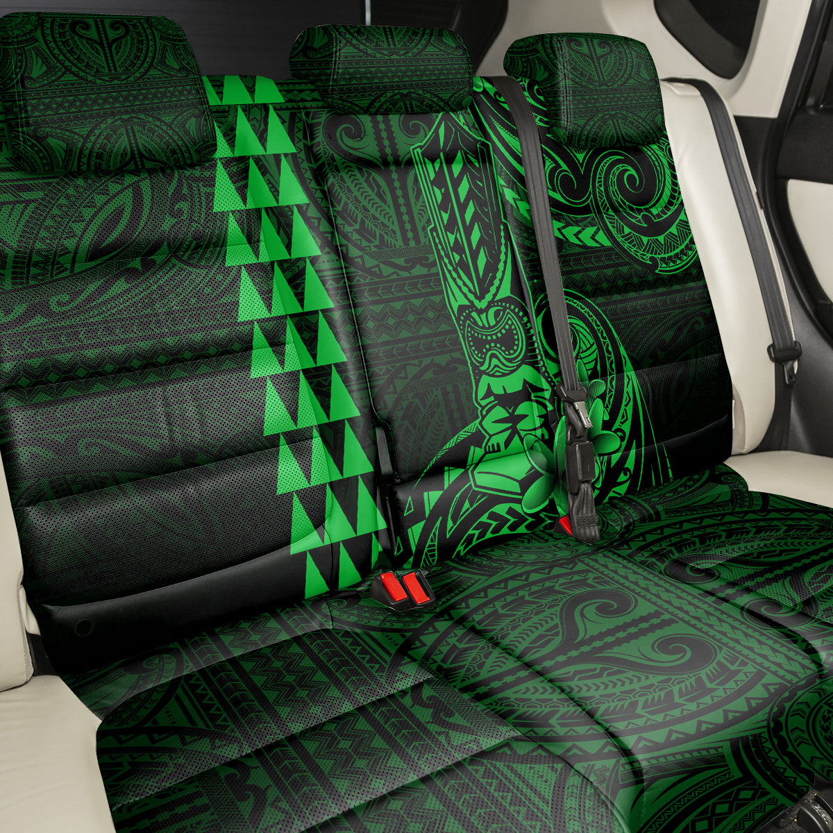 Hawaii Hauoli Makahiki Hou Back Car Seat Cover Lono Hawaiian God Kakau Polynesian Tribal Green LT05 - Polynesian Pride