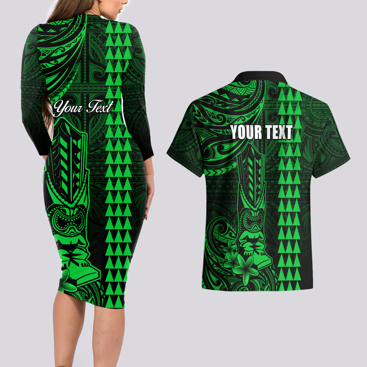 Personalized Hawaii Hauoli Makahiki Hou Couples Matching Long Sleeve Bodycon Dress and Hawaiian Shirt Lono Hawaiian God Kakau Polynesian Tribal Green LT05 - Polynesian Pride