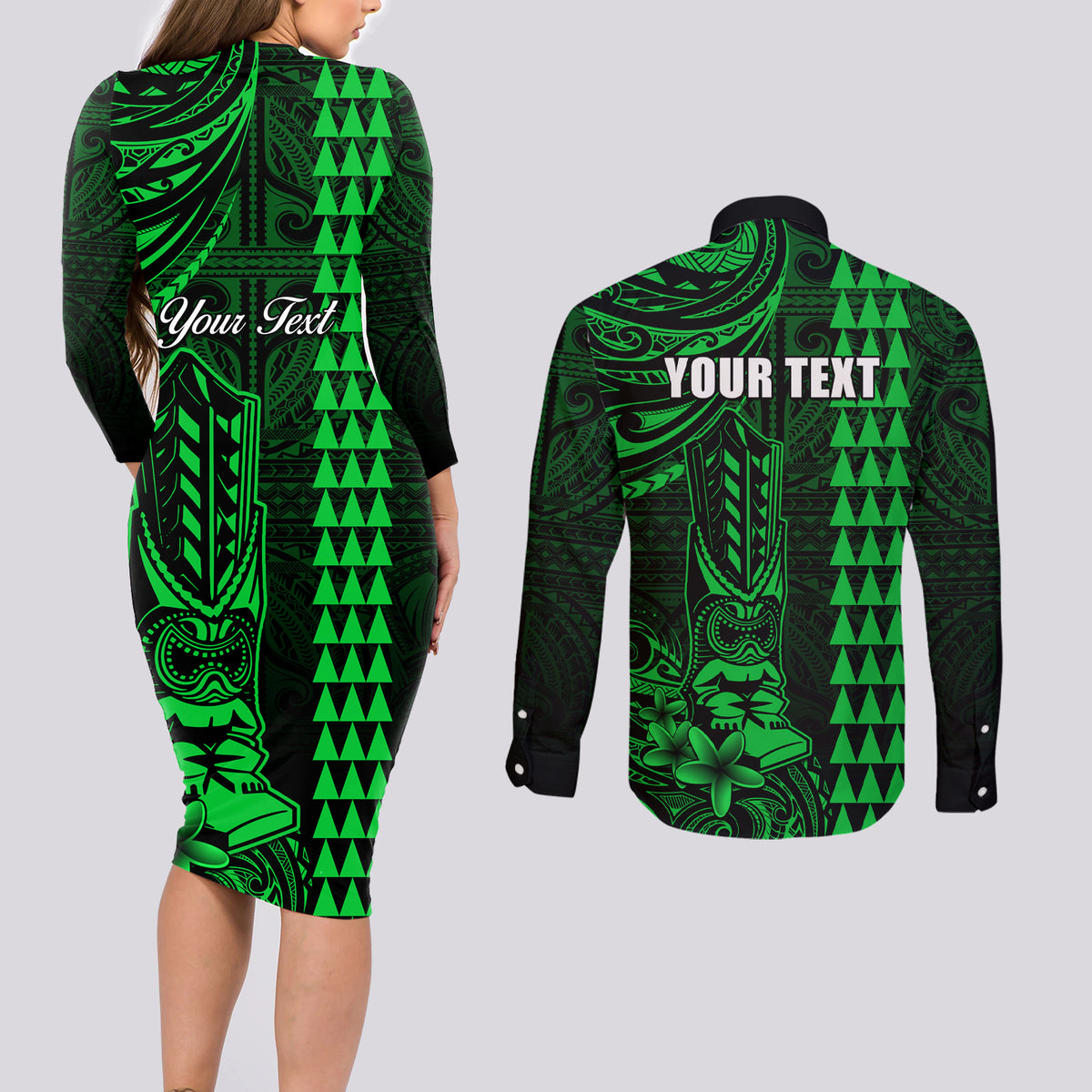 Personalized Hawaii Hauoli Makahiki Hou Couples Matching Long Sleeve Bodycon Dress and Long Sleeve Button Shirts Lono Hawaiian God Kakau Polynesian Tribal Green LT05 - Polynesian Pride