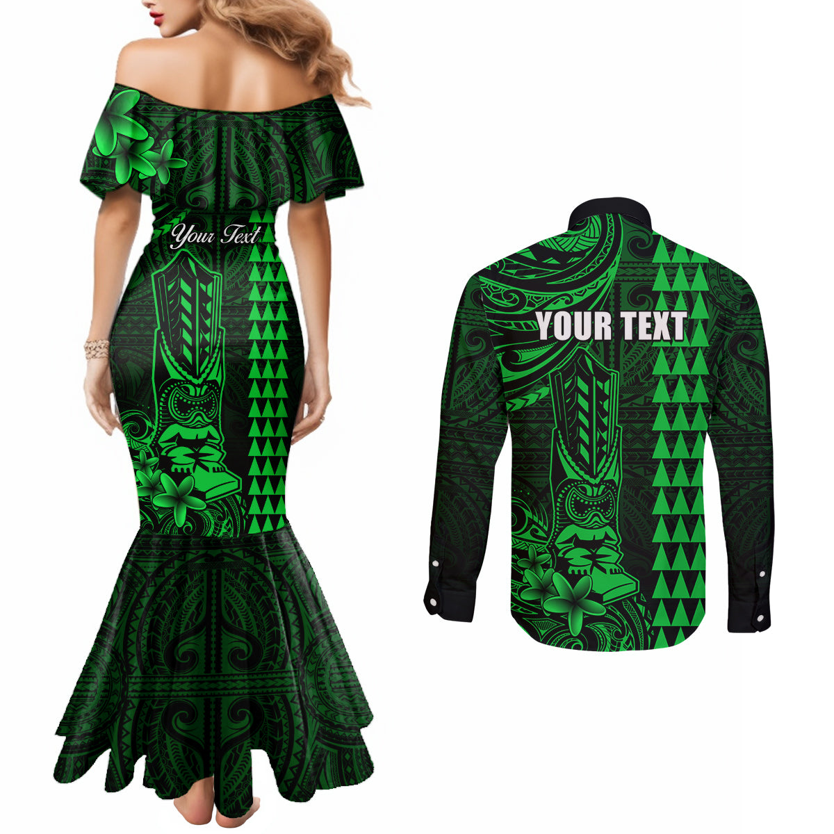 Personalized Hawaii Hauoli Makahiki Hou Couples Matching Mermaid Dress and Long Sleeve Button Shirts Lono Hawaiian God Kakau Polynesian Tribal Green LT05 - Polynesian Pride