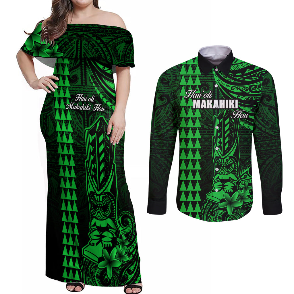 Personalized Hawaii Hauoli Makahiki Hou Couples Matching Off Shoulder Maxi Dress and Long Sleeve Button Shirts Lono Hawaiian God Kakau Polynesian Tribal Green LT05 Green - Polynesian Pride