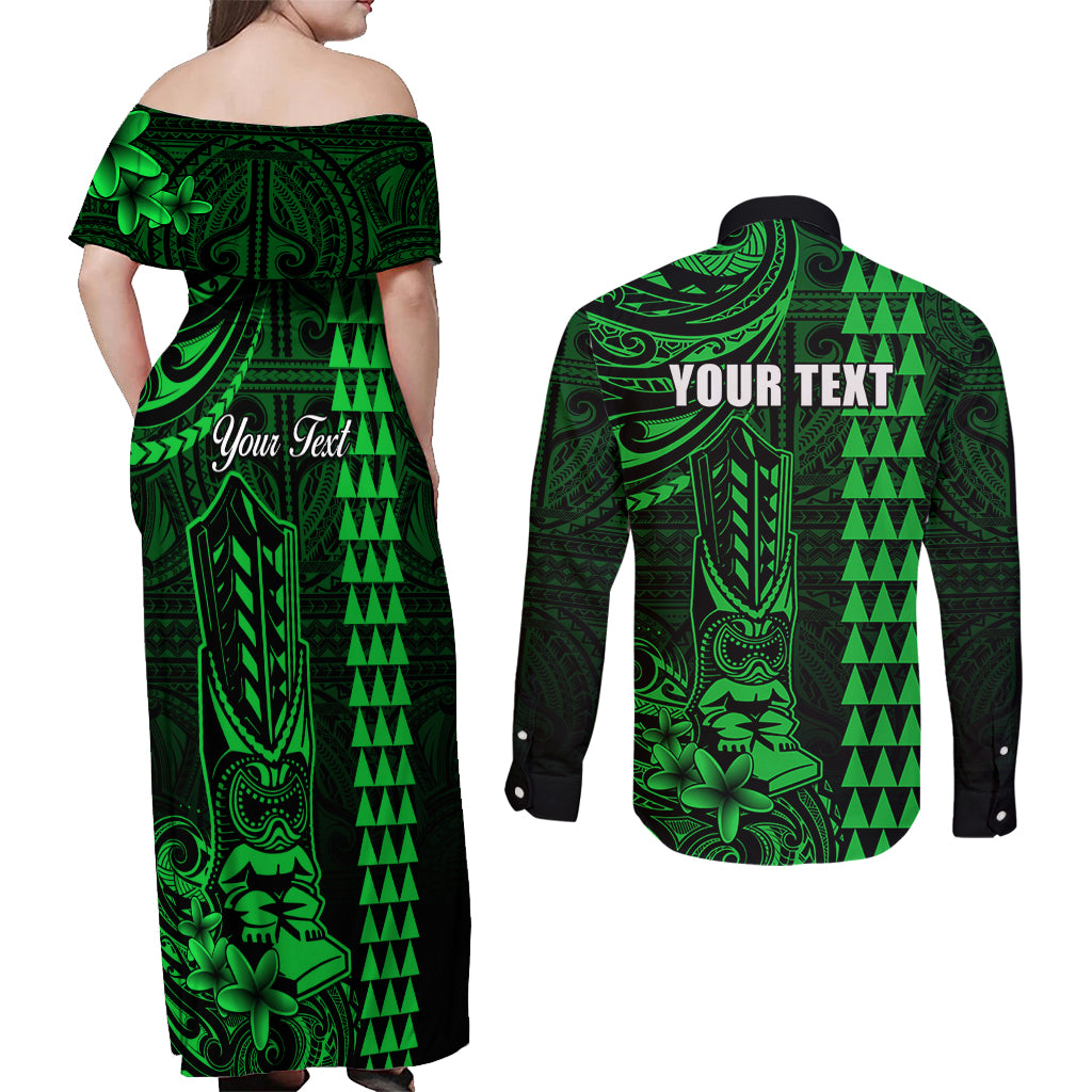 Personalized Hawaii Hauoli Makahiki Hou Couples Matching Off Shoulder Maxi Dress and Long Sleeve Button Shirts Lono Hawaiian God Kakau Polynesian Tribal Green LT05 - Polynesian Pride