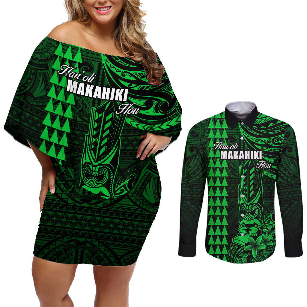 Personalized Hawaii Hauoli Makahiki Hou Couples Matching Off Shoulder Short Dress and Long Sleeve Button Shirts Lono Hawaiian God Kakau Polynesian Tribal Green LT05 Green - Polynesian Pride