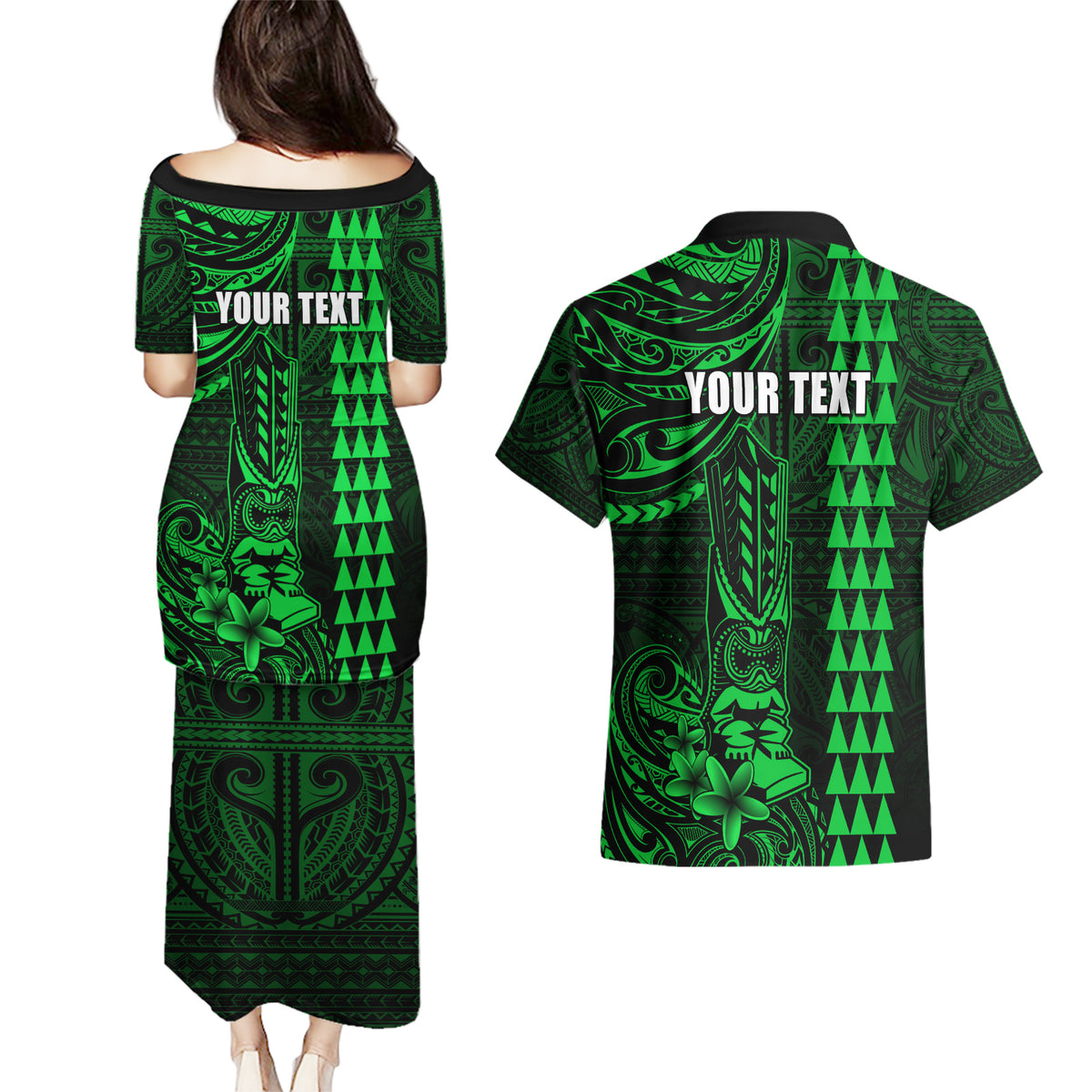 Personalized Hawaii Hauoli Makahiki Hou Couples Matching Puletasi Dress and Hawaiian Shirt Lono Hawaiian God Kakau Polynesian Tribal Green LT05 - Polynesian Pride