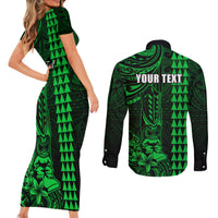 Personalized Hawaii Hauoli Makahiki Hou Couples Matching Short Sleeve Bodycon Dress and Long Sleeve Button Shirts Lono Hawaiian God Kakau Polynesian Tribal Green LT05 - Polynesian Pride