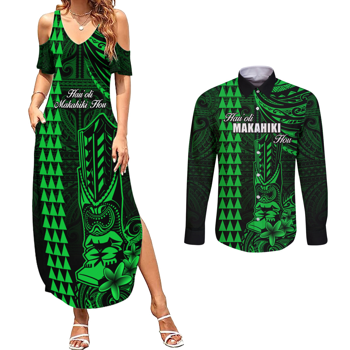 Personalized Hawaii Hauoli Makahiki Hou Couples Matching Summer Maxi Dress and Long Sleeve Button Shirts Lono Hawaiian God Kakau Polynesian Tribal Green LT05 Green - Polynesian Pride