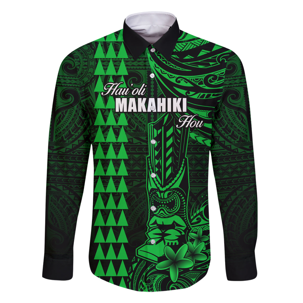 Personalized Hawaii Hauoli Makahiki Hou Family Matching Off Shoulder Long Sleeve Dress and Hawaiian Shirt Lono Hawaiian God Kakau Polynesian Tribal Green LT05 Dad's Shirt - Long Sleeve Green - Polynesian Pride