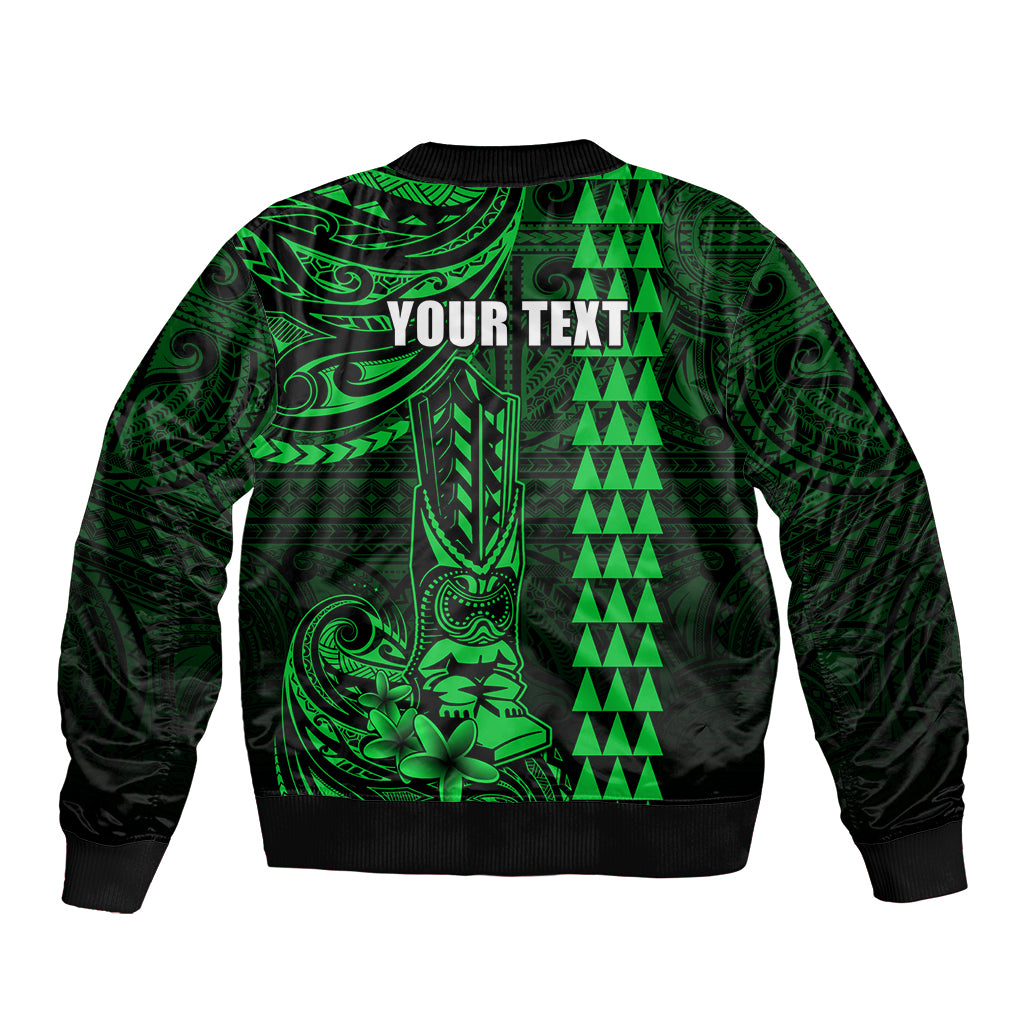 Personalized Hawaii Hauoli Makahiki Hou Sleeve Zip Bomber Jacket Lono Hawaiian God Kakau Polynesian Tribal Green LT05 - Polynesian Pride