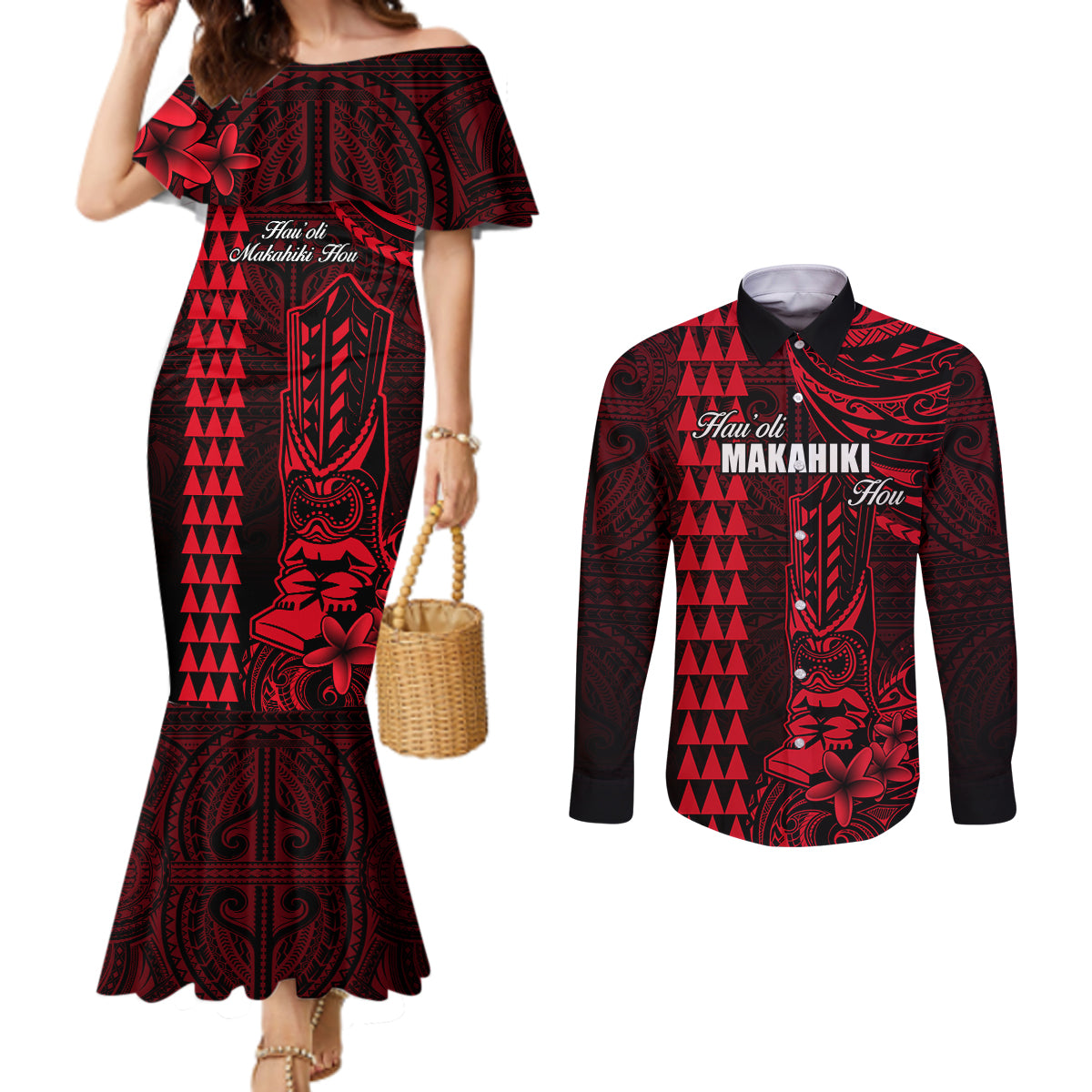 Personalized Hawaii Hauoli Makahiki Hou Couples Matching Mermaid Dress and Long Sleeve Button Shirts Lono Hawaiian God Kakau Polynesian Tribal Red LT05 Red - Polynesian Pride