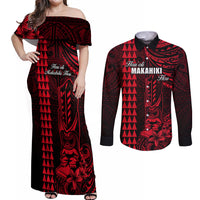 Personalized Hawaii Hauoli Makahiki Hou Couples Matching Off Shoulder Maxi Dress and Long Sleeve Button Shirts Lono Hawaiian God Kakau Polynesian Tribal Red LT05 Red - Polynesian Pride