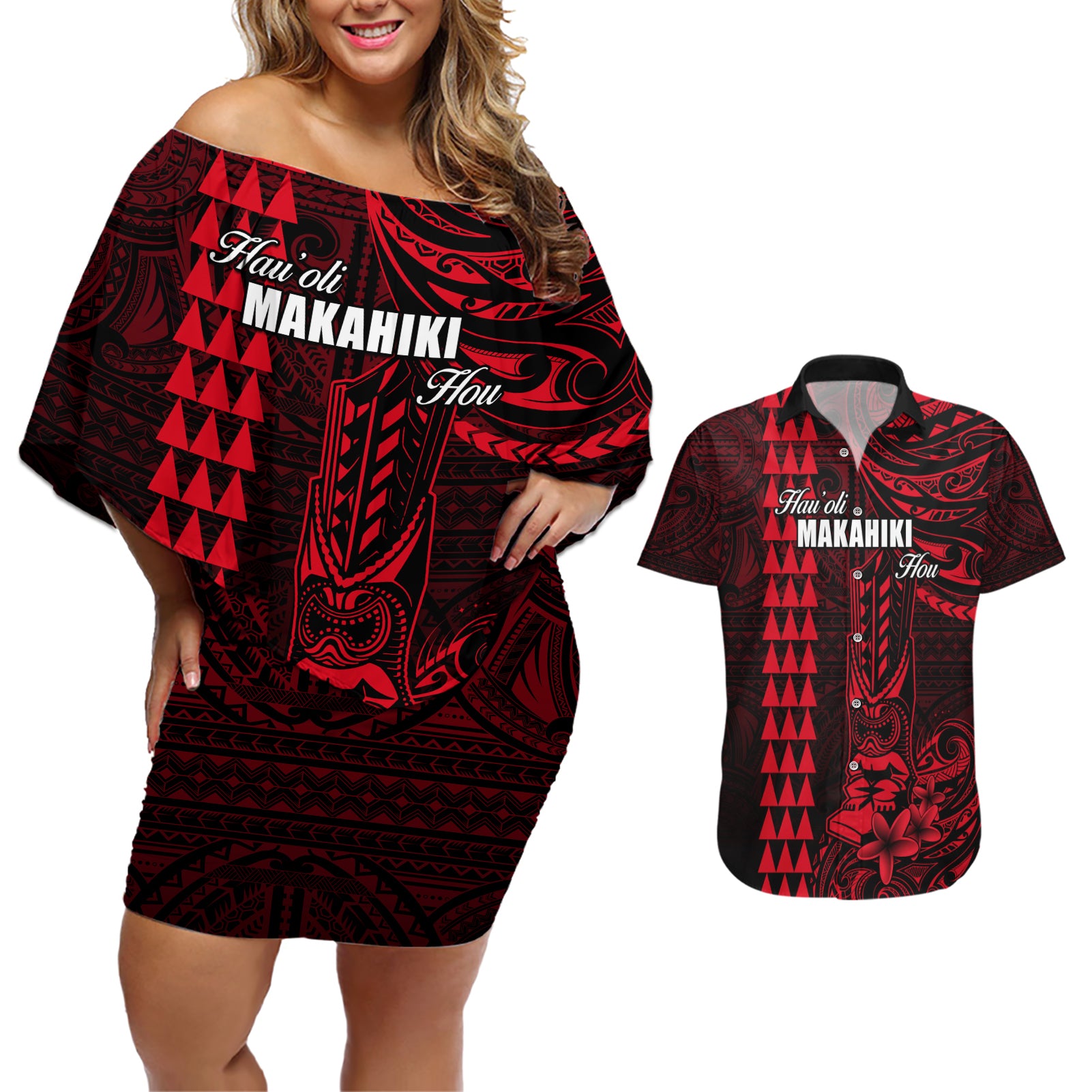 Personalized Hawaii Hauoli Makahiki Hou Couples Matching Off Shoulder Short Dress and Hawaiian Shirt Lono Hawaiian God Kakau Polynesian Tribal Red LT05 Red - Polynesian Pride