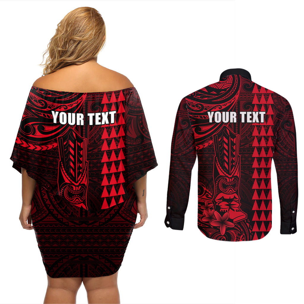 Personalized Hawaii Hauoli Makahiki Hou Couples Matching Off Shoulder Short Dress and Long Sleeve Button Shirts Lono Hawaiian God Kakau Polynesian Tribal Red LT05 - Polynesian Pride