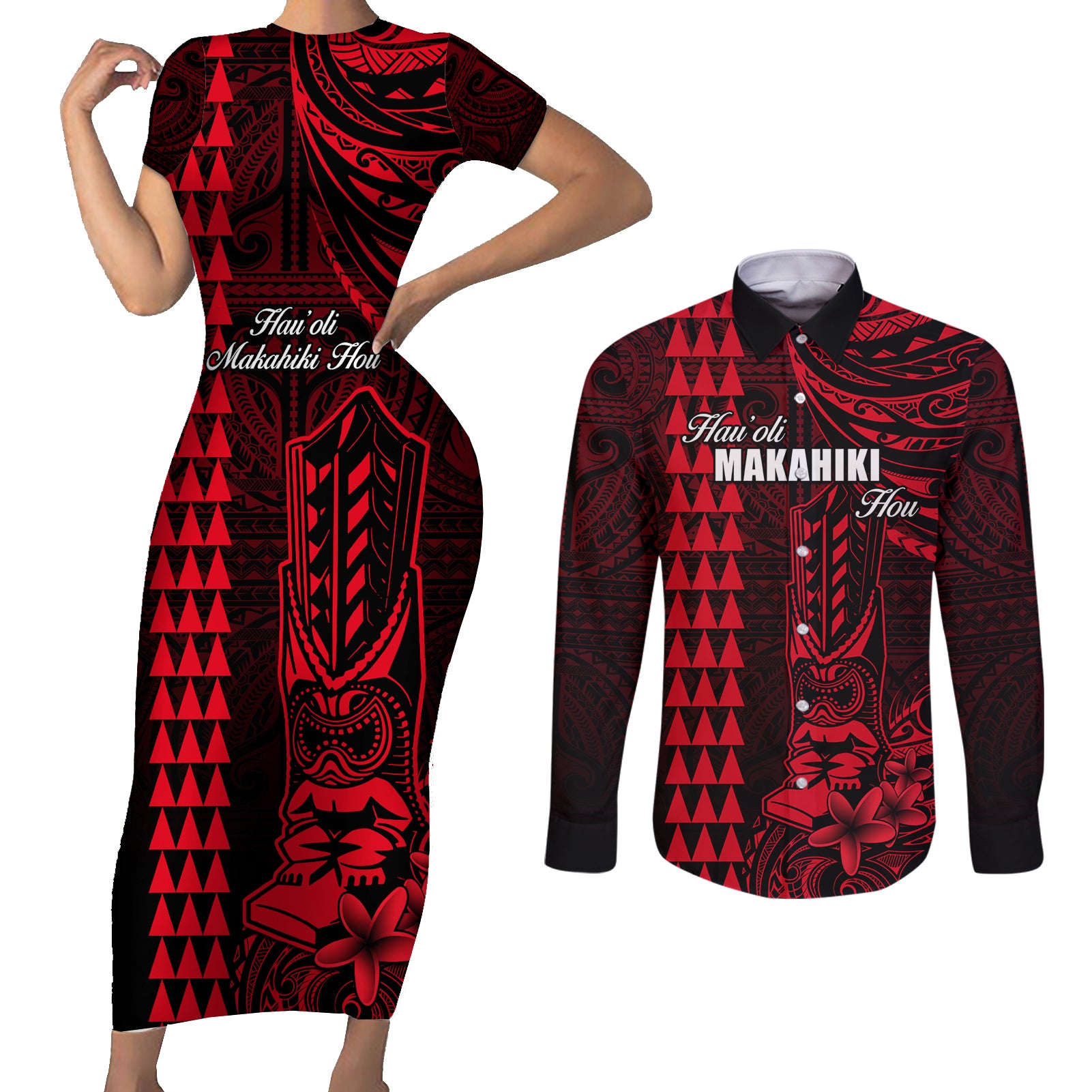 Personalized Hawaii Hauoli Makahiki Hou Couples Matching Short Sleeve Bodycon Dress and Long Sleeve Button Shirts Lono Hawaiian God Kakau Polynesian Tribal Red LT05 Red - Polynesian Pride