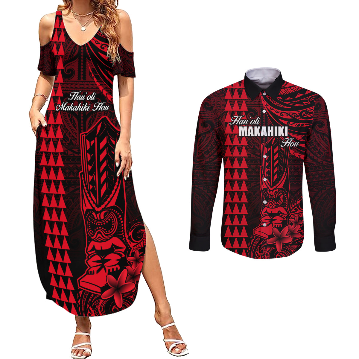 Personalized Hawaii Hauoli Makahiki Hou Couples Matching Summer Maxi Dress and Long Sleeve Button Shirts Lono Hawaiian God Kakau Polynesian Tribal Red LT05 Red - Polynesian Pride