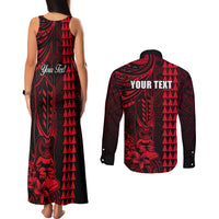 Personalized Hawaii Hauoli Makahiki Hou Couples Matching Tank Maxi Dress and Long Sleeve Button Shirts Lono Hawaiian God Kakau Polynesian Tribal Red LT05 - Polynesian Pride