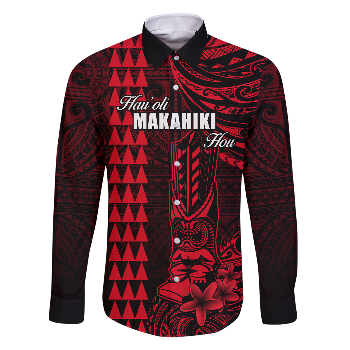 Personalized Hawaii Hauoli Makahiki Hou Family Matching Tank Maxi Dress and Hawaiian Shirt Lono Hawaiian God Kakau Polynesian Tribal Red LT05 Dad's Shirt - Long Sleeve Red - Polynesian Pride