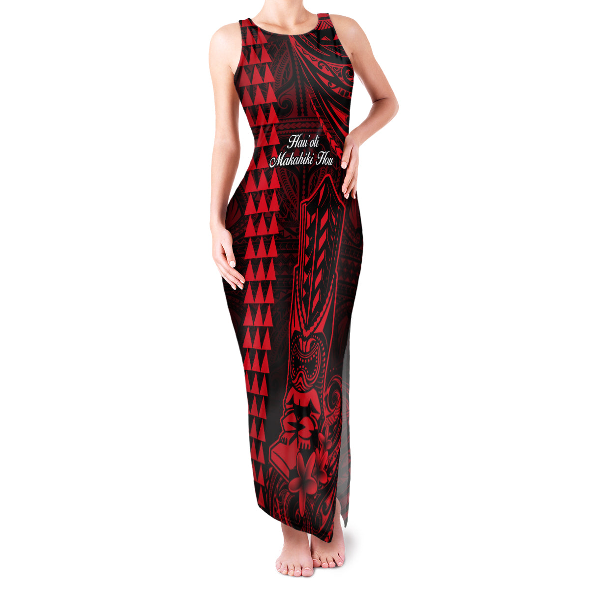 Personalized Hawaii Hauoli Makahiki Hou Family Matching Tank Maxi Dress and Hawaiian Shirt Lono Hawaiian God Kakau Polynesian Tribal Red LT05 Mom's Dress Red - Polynesian Pride