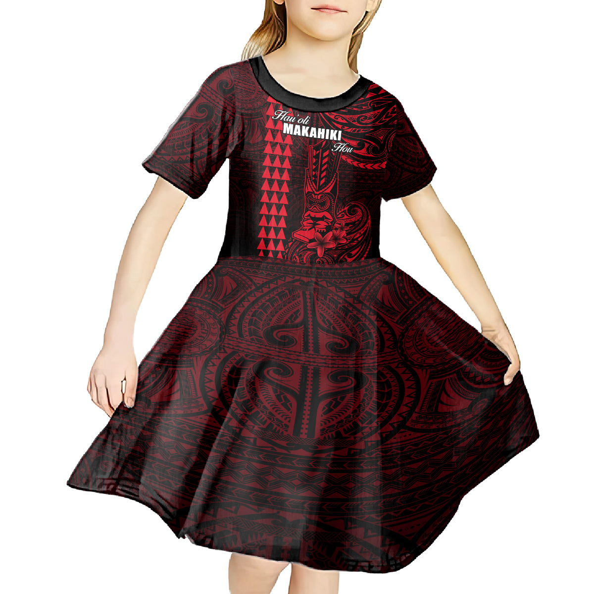 Personalized Hawaii Hauoli Makahiki Hou Kid Short Sleeve Dress Lono Hawaiian God Kakau Polynesian Tribal Red LT05 - Polynesian Pride