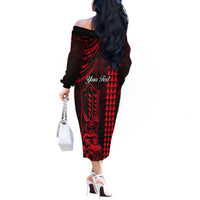 Personalized Hawaii Hauoli Makahiki Hou Off The Shoulder Long Sleeve Dress Lono Hawaiian God Kakau Polynesian Tribal Red LT05 - Polynesian Pride