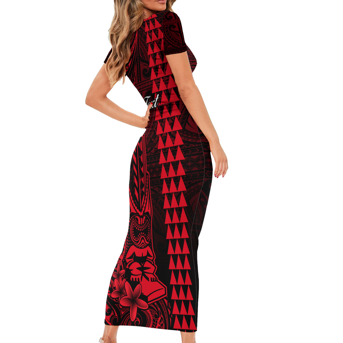 Personalized Hawaii Hauoli Makahiki Hou Short Sleeve Bodycon Dress Lono Hawaiian God Kakau Polynesian Tribal Red LT05 - Polynesian Pride