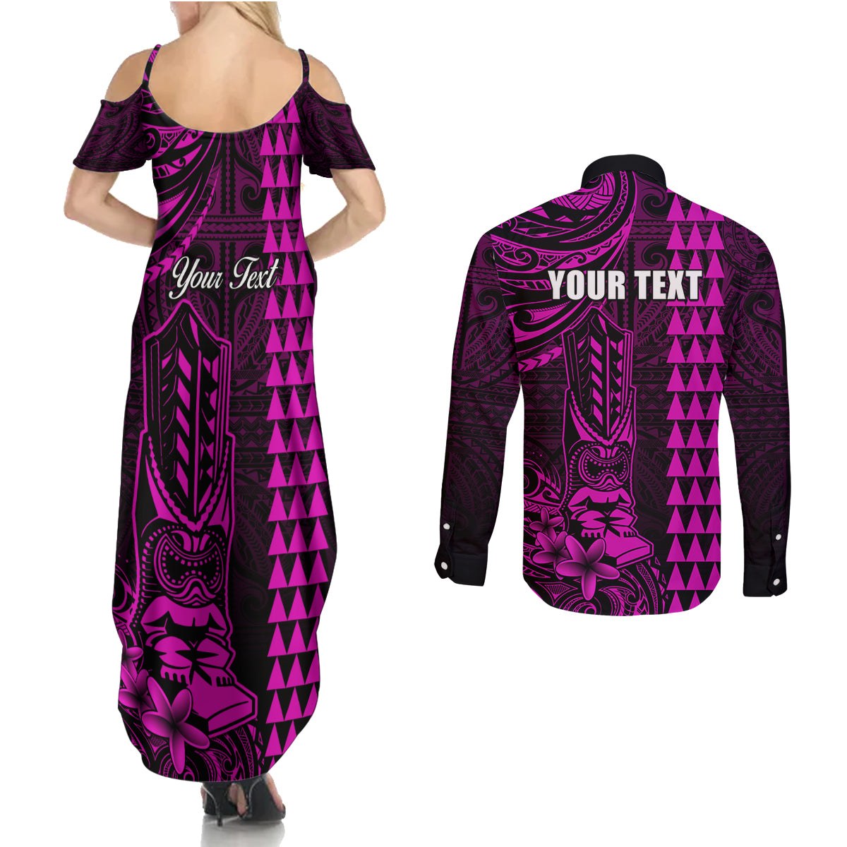Personalized Hawaii Hauoli Makahiki Hou Couples Matching Summer Maxi Dress and Long Sleeve Button Shirts Lono Hawaiian God Kakau Polynesian Tribal Pink LT05 - Polynesian Pride