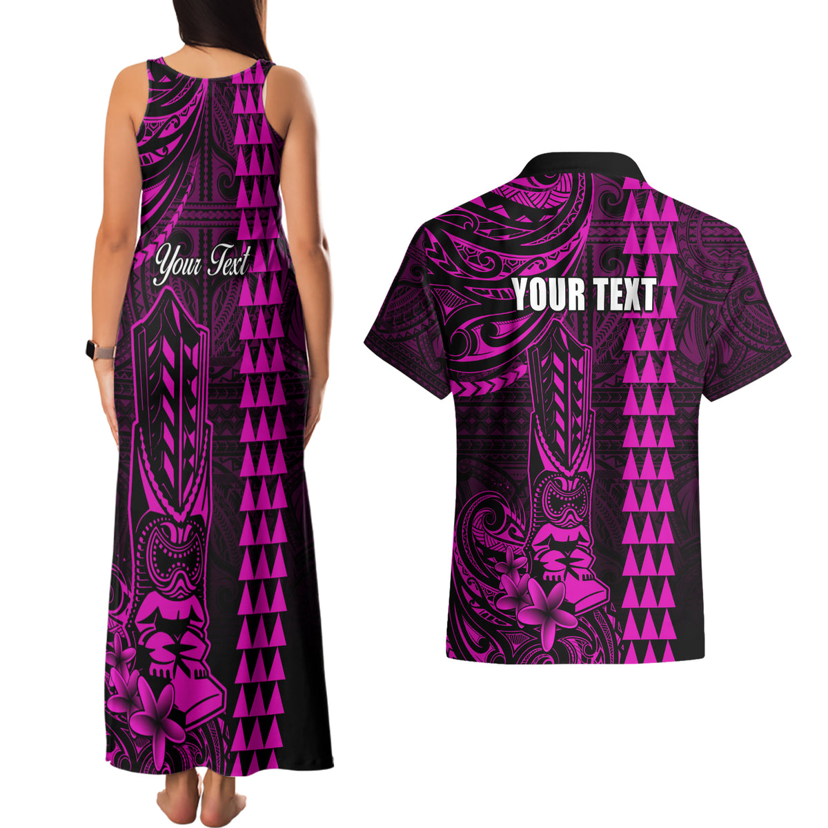 Personalized Hawaii Hauoli Makahiki Hou Couples Matching Tank Maxi Dress and Hawaiian Shirt Lono Hawaiian God Kakau Polynesian Tribal Pink LT05 - Polynesian Pride