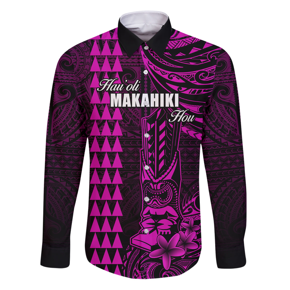 Personalized Hawaii Hauoli Makahiki Hou Family Matching Puletasi Dress and Hawaiian Shirt Lono Hawaiian God Kakau Polynesian Tribal Pink LT05 Dad's Shirt - Long Sleeve Pink - Polynesian Pride