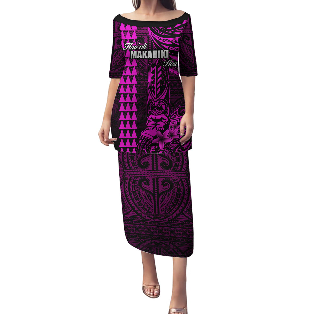 Personalized Hawaii Hauoli Makahiki Hou Family Matching Puletasi Dress and Hawaiian Shirt Lono Hawaiian God Kakau Polynesian Tribal Pink LT05 Mom's Dress Pink - Polynesian Pride