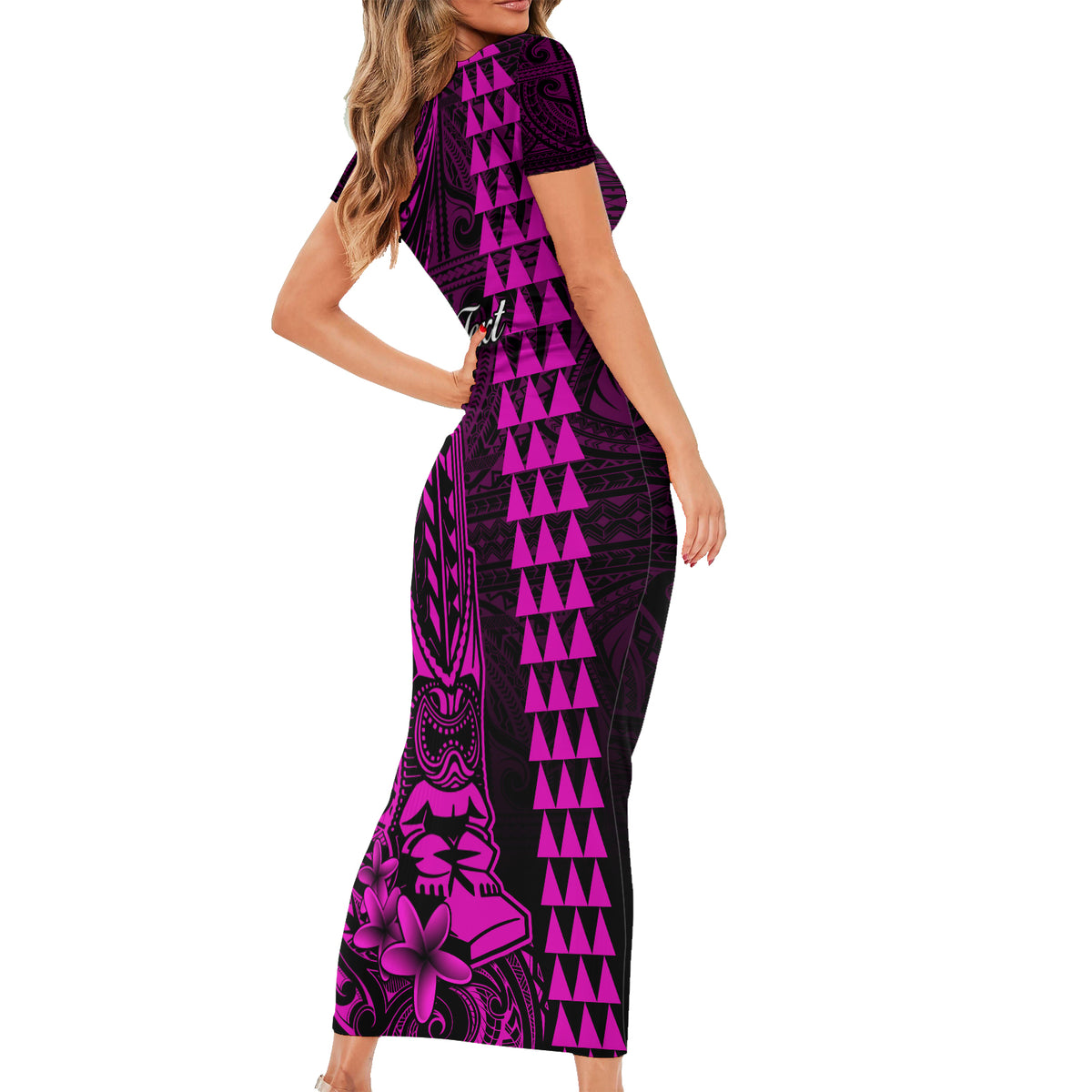 Personalized Hawaii Hauoli Makahiki Hou Short Sleeve Bodycon Dress Lono Hawaiian God Kakau Polynesian Tribal Pink LT05 - Polynesian Pride