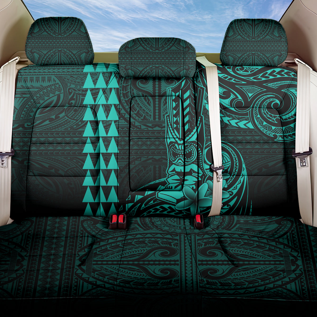 Hawaii Hauoli Makahiki Hou Back Car Seat Cover Lono Hawaiian God Kakau Polynesian Tribal Turquoise LT05 One Size Turquoise - Polynesian Pride