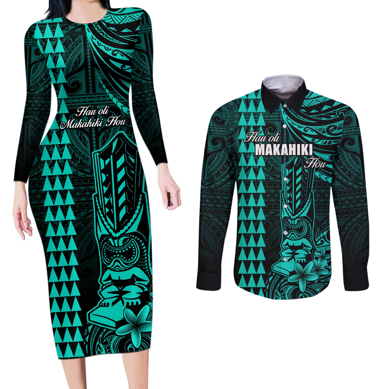 Personalized Hawaii Hauoli Makahiki Hou Couples Matching Long Sleeve Bodycon Dress and Long Sleeve Button Shirts Lono Hawaiian God Kakau Polynesian Tribal Turquoise LT05 Turquoise - Polynesian Pride