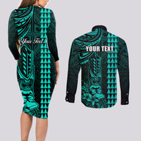 Personalized Hawaii Hauoli Makahiki Hou Couples Matching Long Sleeve Bodycon Dress and Long Sleeve Button Shirts Lono Hawaiian God Kakau Polynesian Tribal Turquoise LT05 - Polynesian Pride