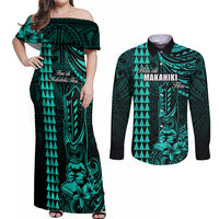 Personalized Hawaii Hauoli Makahiki Hou Couples Matching Off Shoulder Maxi Dress and Long Sleeve Button Shirts Lono Hawaiian God Kakau Polynesian Tribal Turquoise LT05 Turquoise - Polynesian Pride