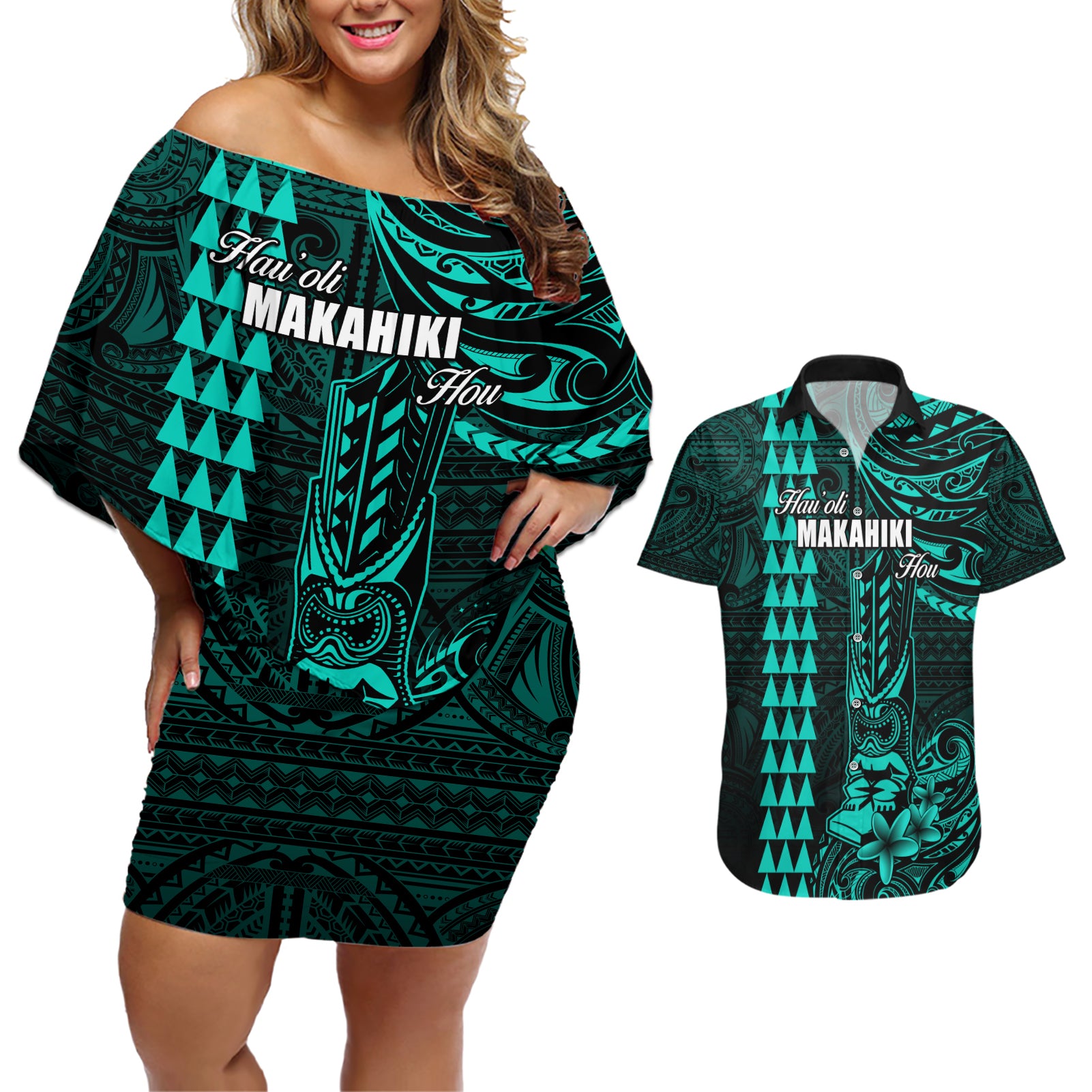 Personalized Hawaii Hauoli Makahiki Hou Couples Matching Off Shoulder Short Dress and Hawaiian Shirt Lono Hawaiian God Kakau Polynesian Tribal Turquoise LT05 Turquoise - Polynesian Pride